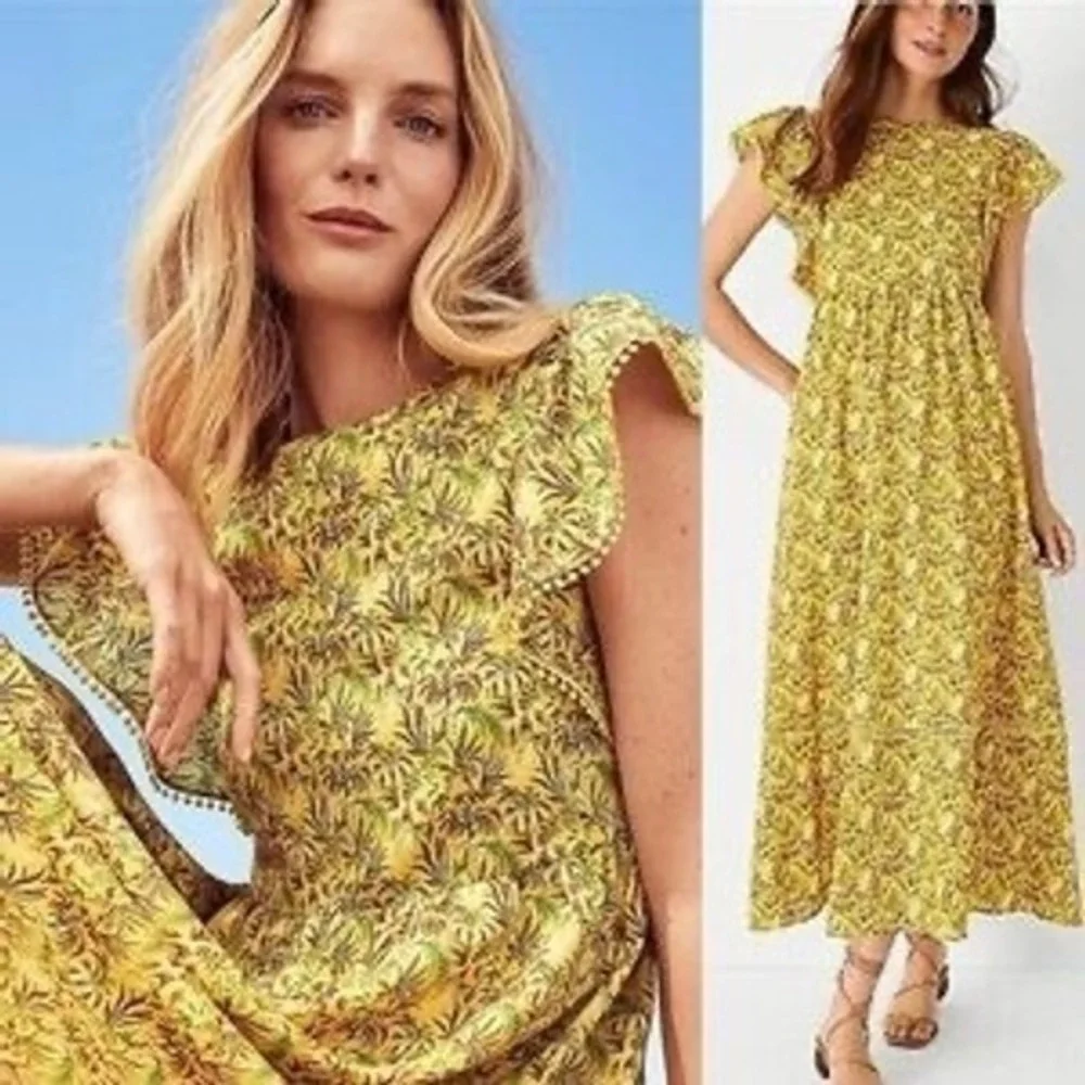 Ann Taylor Yellow Tropical Palm Print Maxi Dress Flutter Sleeve Pom‎ Pom Medium